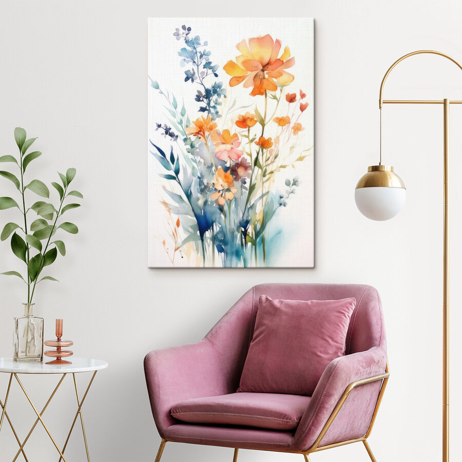 Een schilderij van bloemen en bladeren