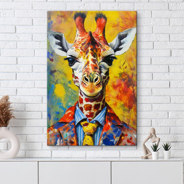 Een schilderij van een giraffe die een shirt draagt Een schilderij van een giraffe die een shirt draagt