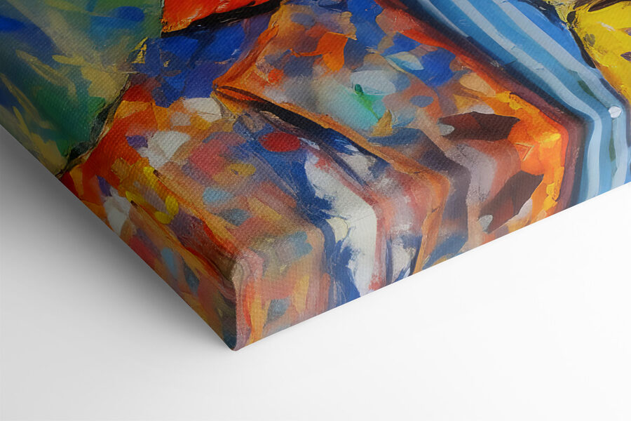 Een schilderij van een giraffe die een shirt draagt