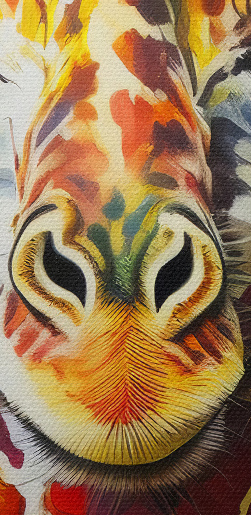 Een schilderij van een giraffe die een shirt draagt