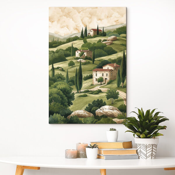 Schilderij van een landschap met huizen en bomen Schilderij van een landschap met huizen en bomen