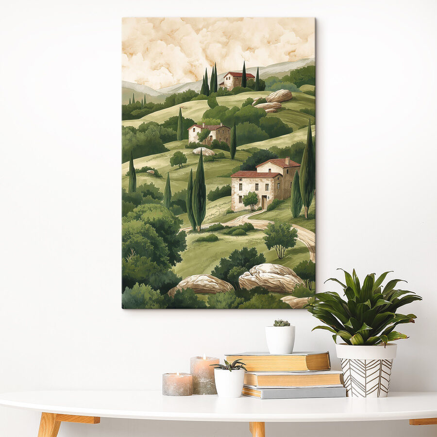 Schilderij van een landschap met huizen en bomen