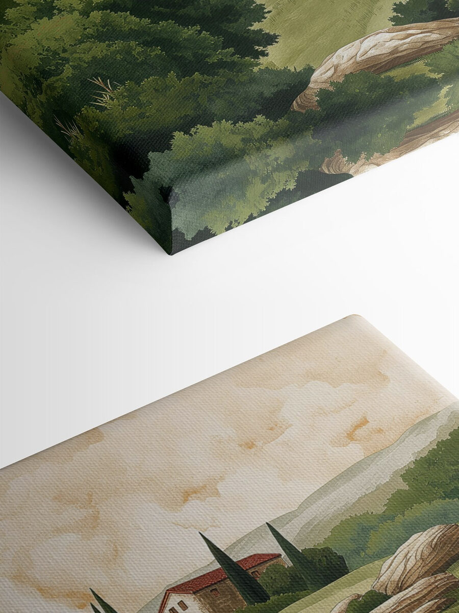 Schilderij van een landschap met huizen en bomen