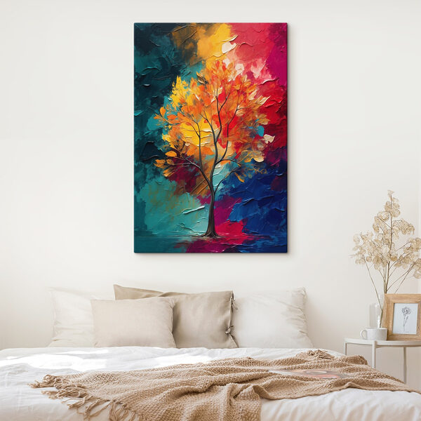 Schilderij van een boom met oranje en blauwe bladeren Schilderij van een boom met oranje en blauwe bladeren