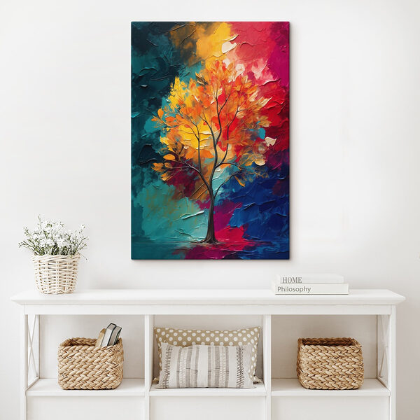 Schilderij van een boom met oranje en blauwe bladeren Schilderij van een boom met oranje en blauwe bladeren