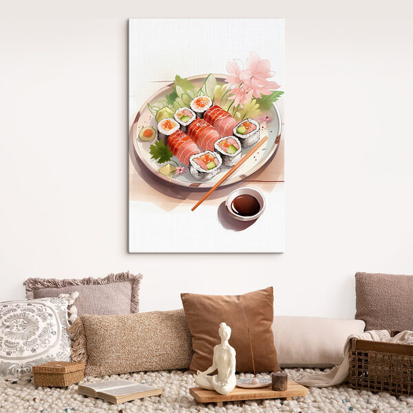 Bordje sushi met saus en bloemen Bordje sushi met saus en bloemen