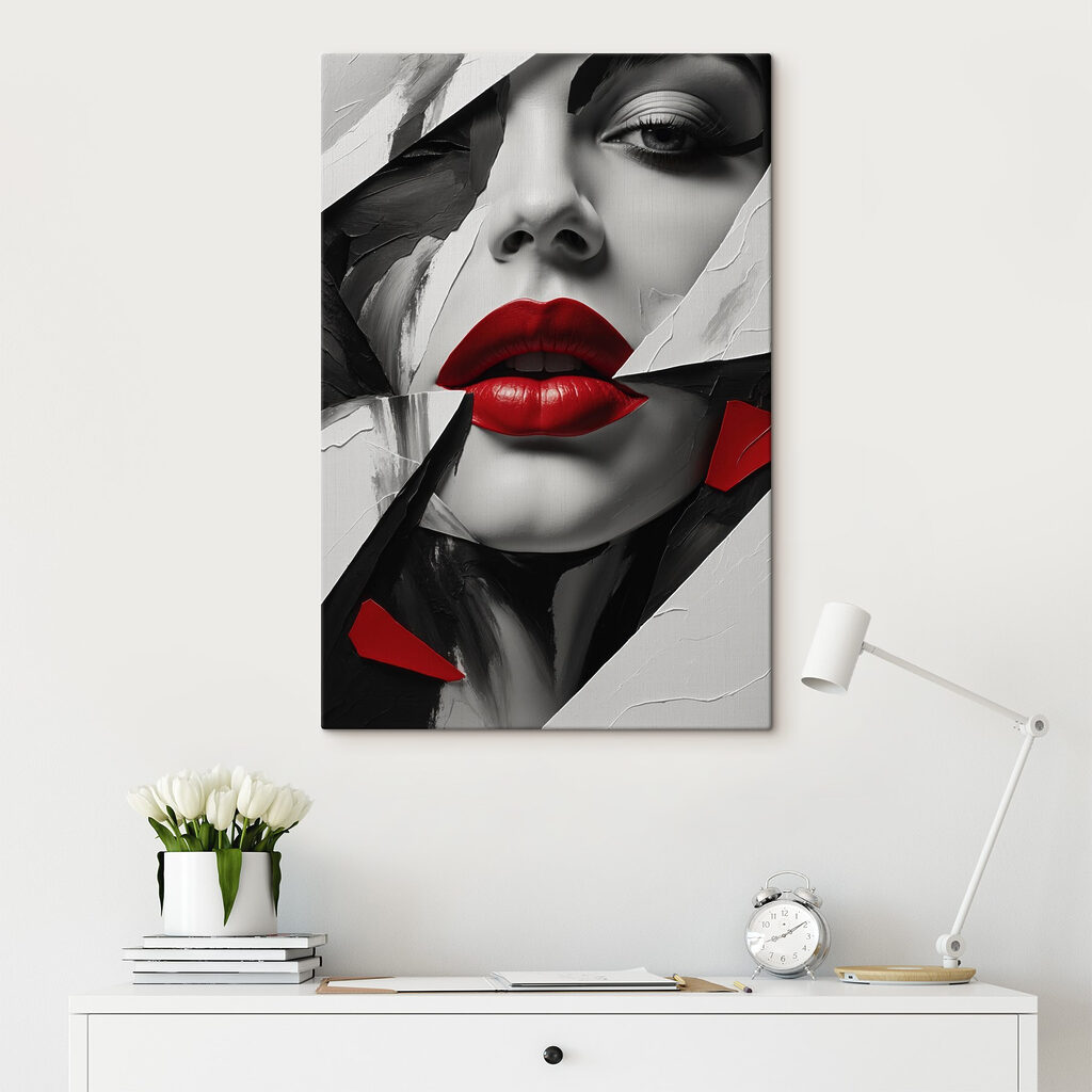 Red lips amidst abstract design