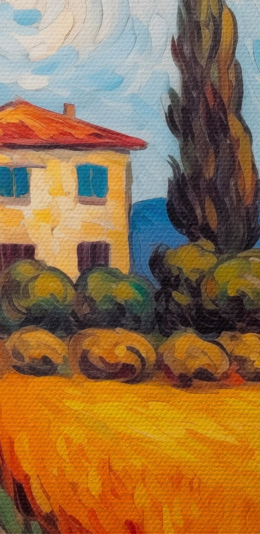 Schilderij van een huis in een tarweveld Schilderij van een huis in een tarweveld