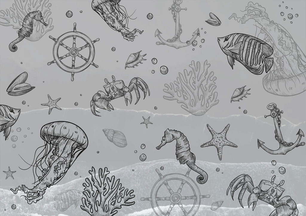 Grijze achtergrond met zeedieren Grijze achtergrond met zeedieren