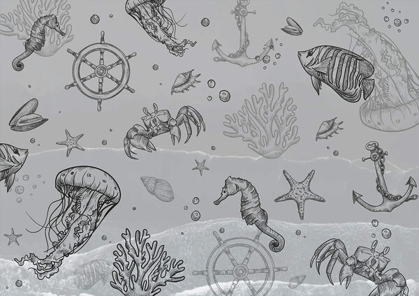 Grijze achtergrond met zeedieren Grijze achtergrond met zeedieren