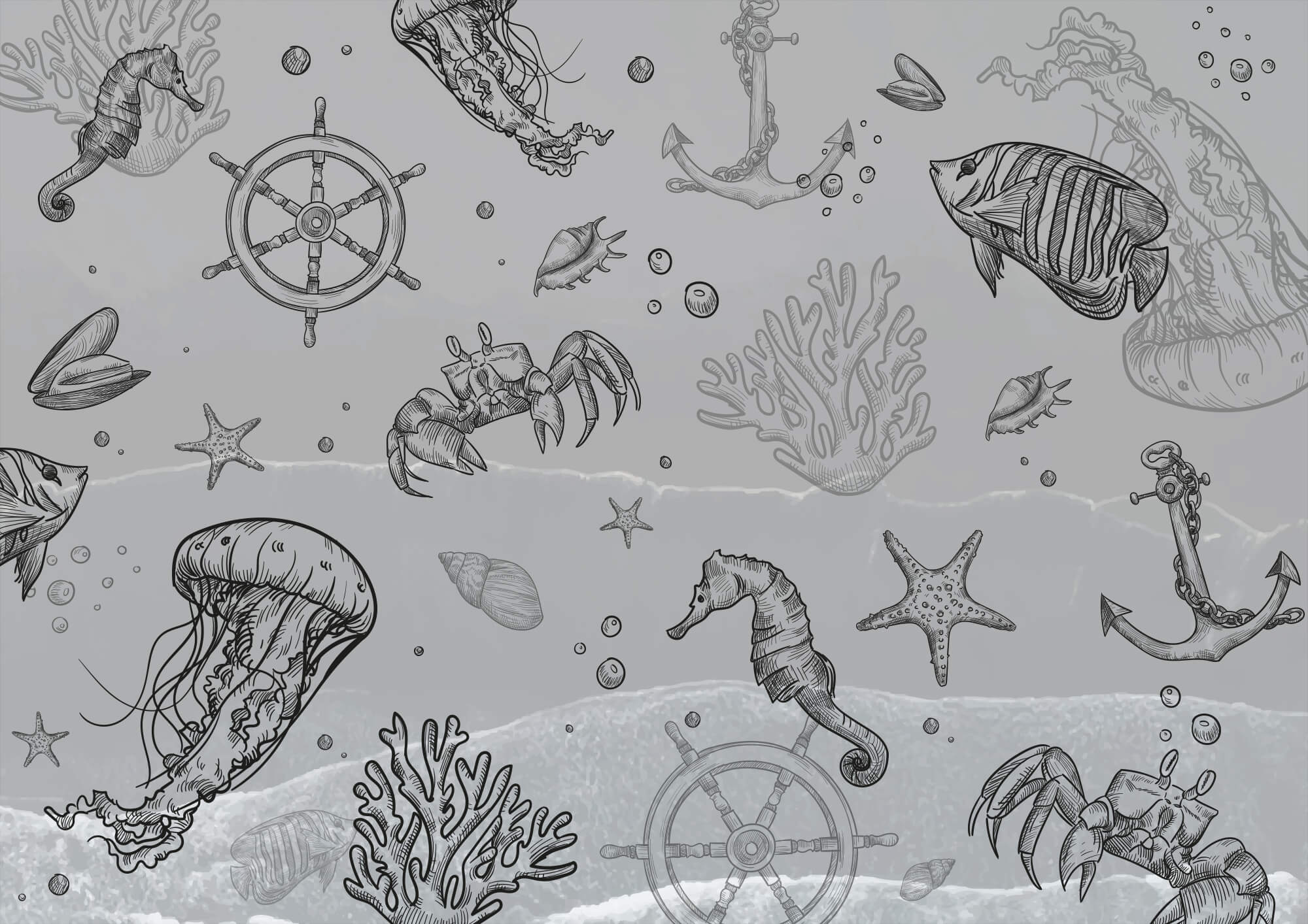 Grijze achtergrond met zeedieren t00004p - Grijze achtergrond met zeedieren - tegory