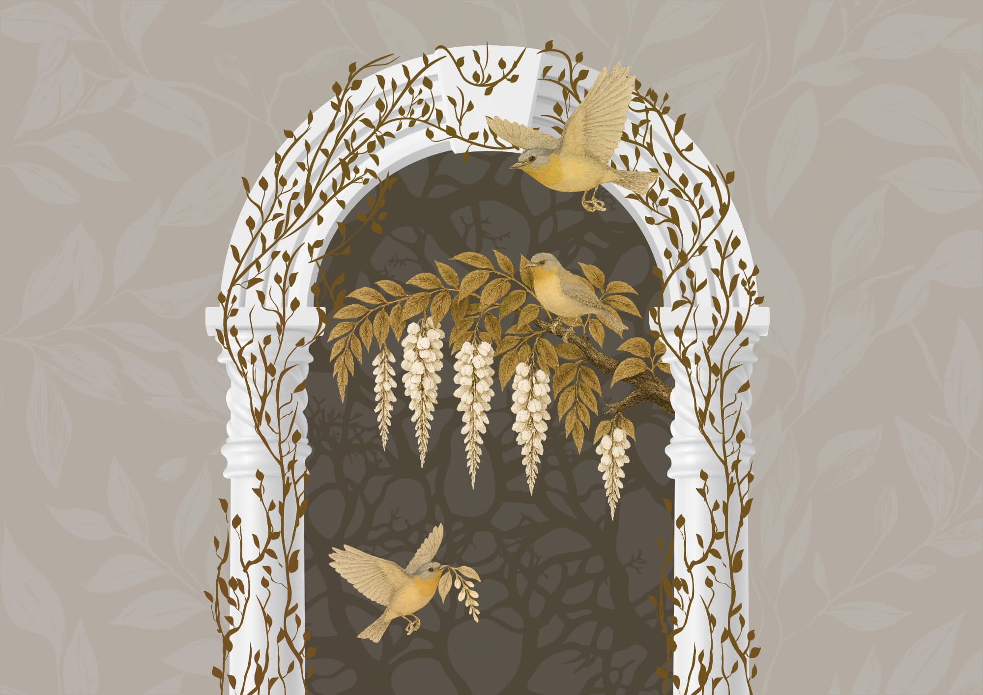 t00005p - Witte boog met vogels die eroverheen vliegen - tegory