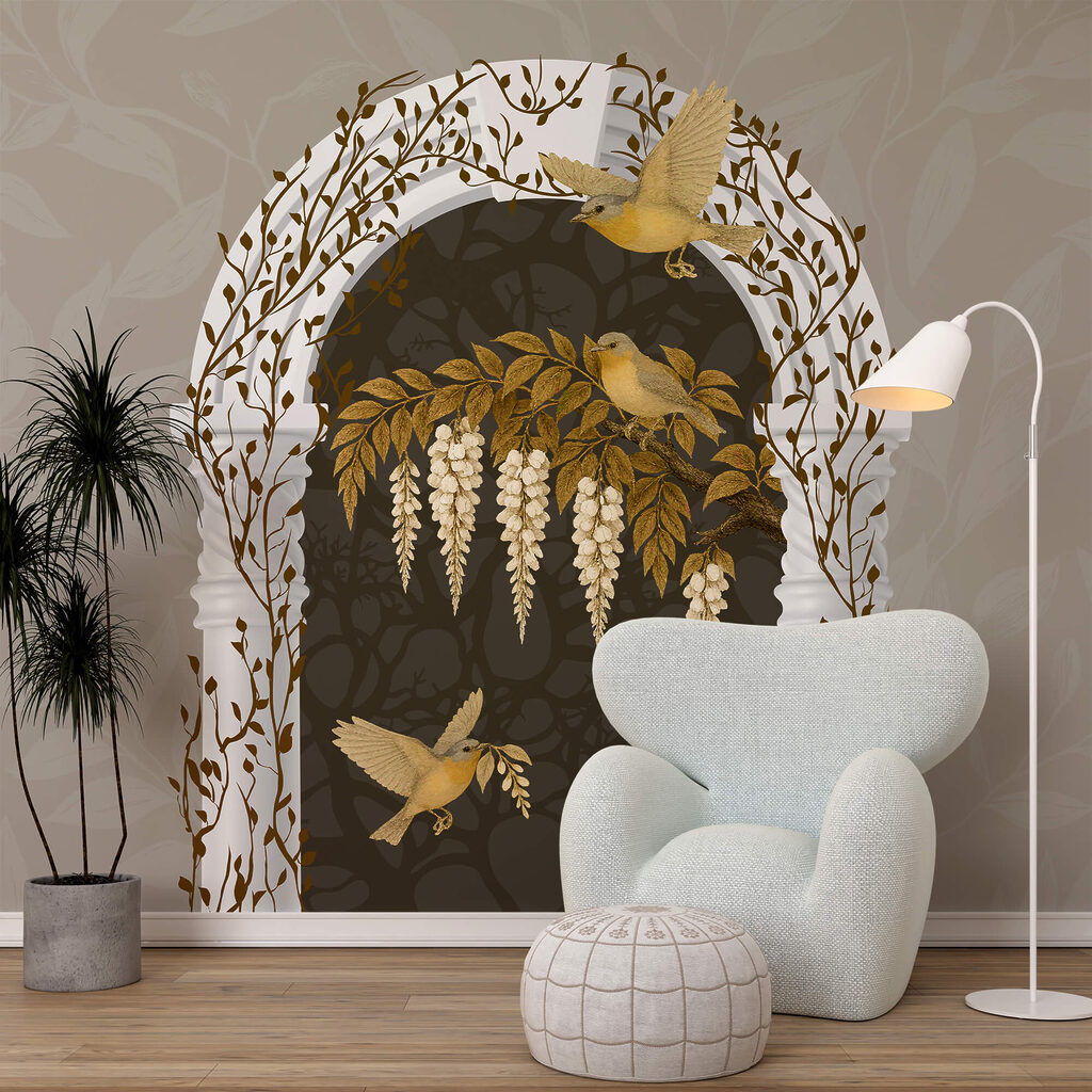 Witte boog met vogels die eroverheen vliegen