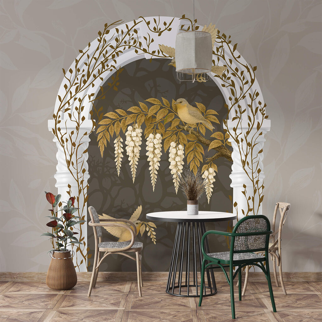 Witte boog met vogels die eroverheen vliegen