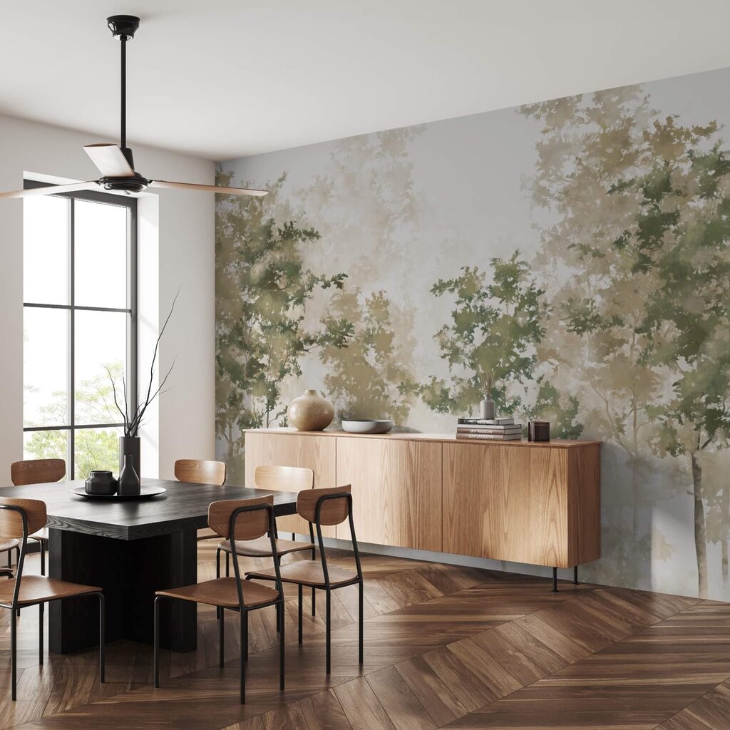 Groep bomen met mist