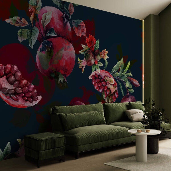 Patroon van granaatappels en bloemen Fotobehang Patroon van granaatappels en bloemen