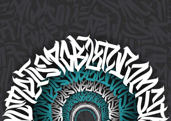 Witte en blauwe graffiti op zwarte achtergrond Witte en blauwe graffiti op zwarte achtergrond