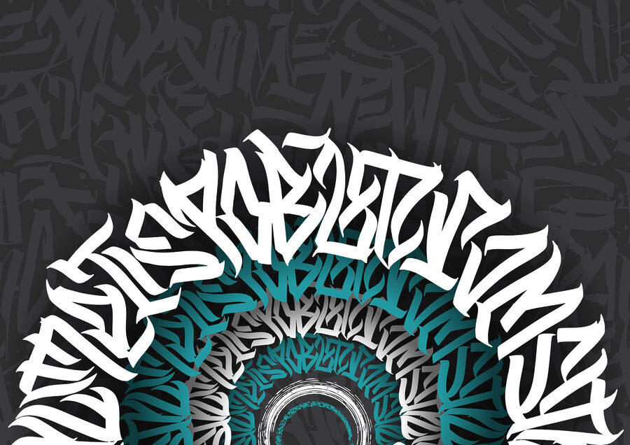 Witte en blauwe graffiti op zwarte achtergrond