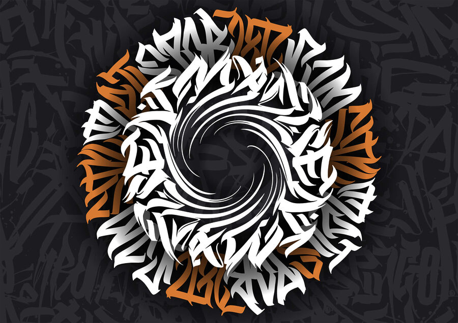 Rond patroon met witte en oranje letters Rond patroon met witte en oranje letters