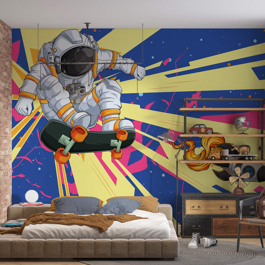 Een astronaut op een skateboard
