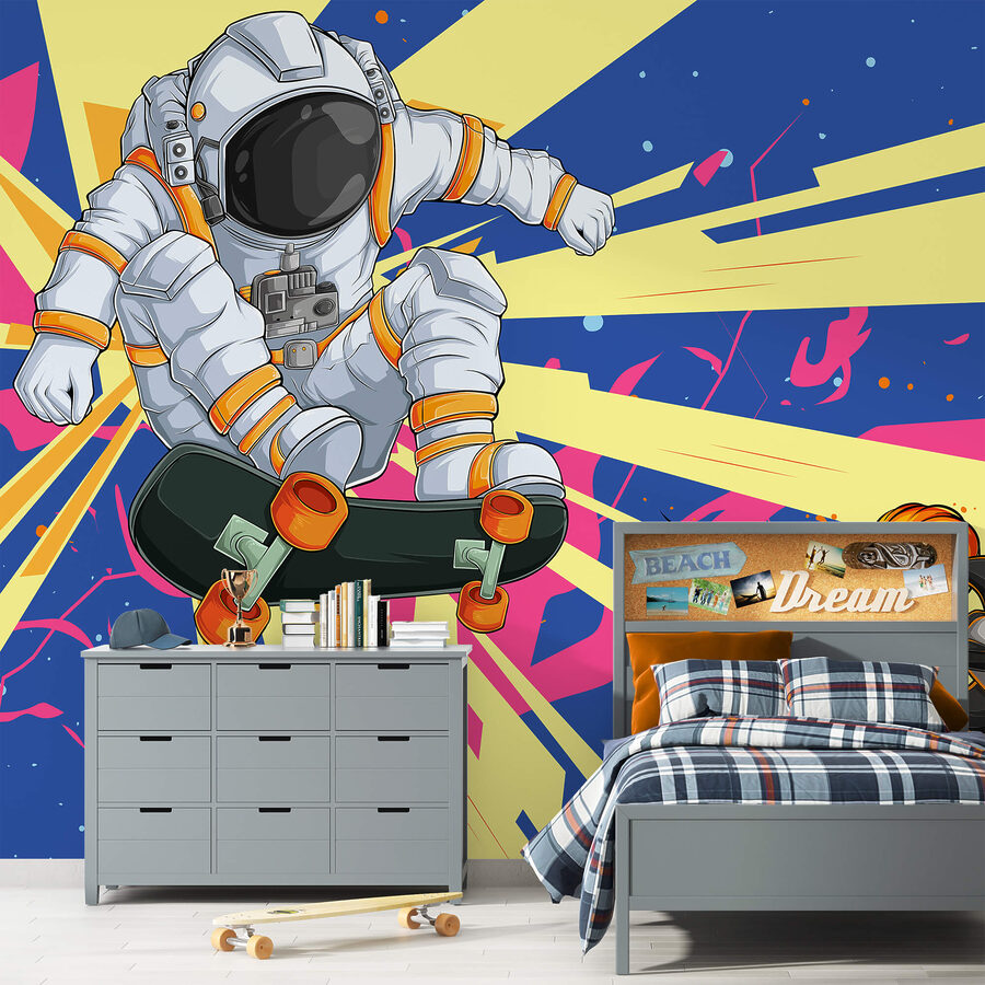 Een astronaut op een skateboard