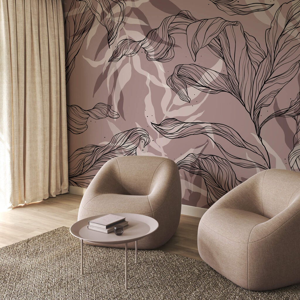 Tekening van bladeren op een roze achtergrond