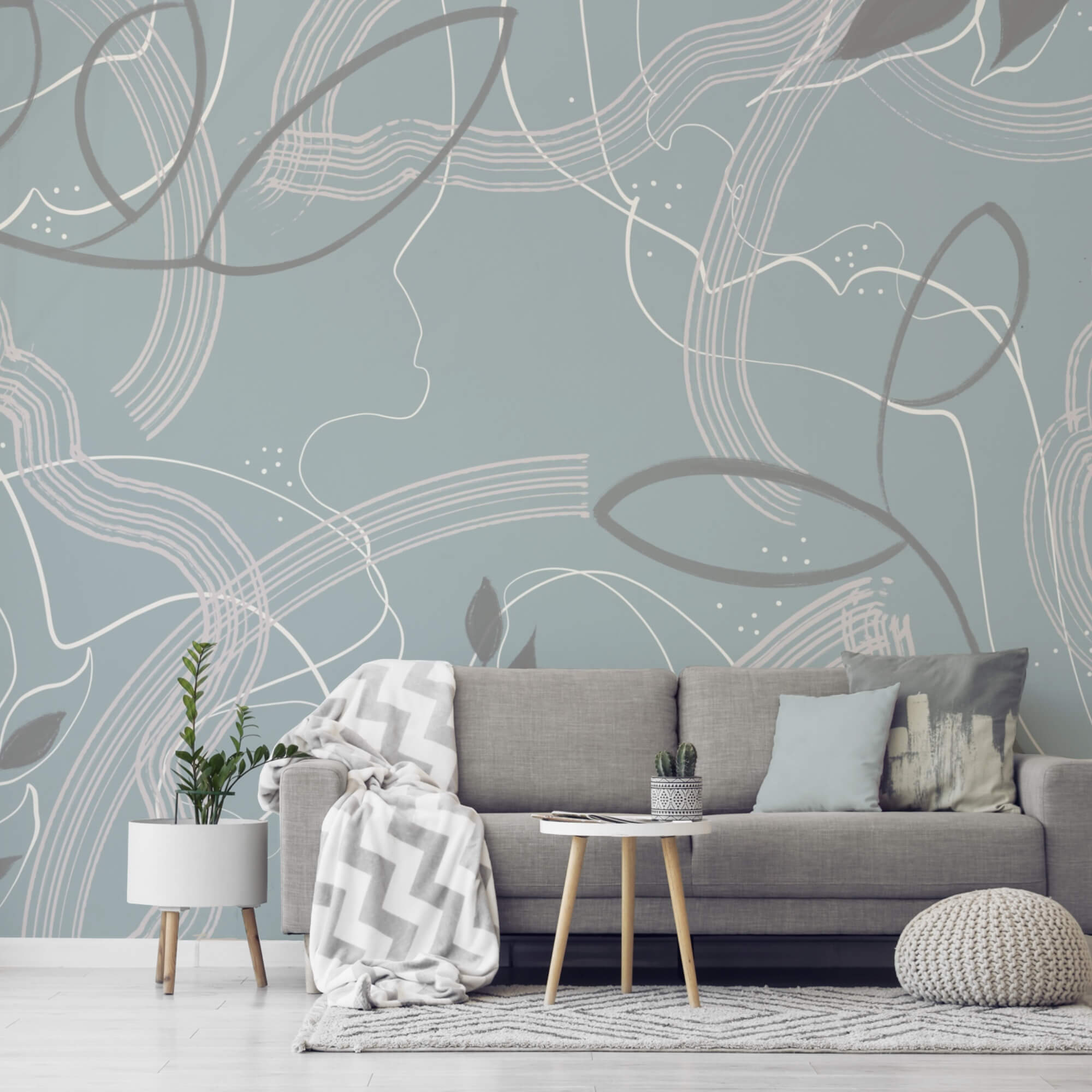 Blauwe en witte achtergrond met bladeren en lijnen