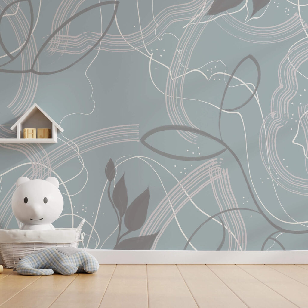 Blauwe en witte achtergrond met bladeren en lijnen