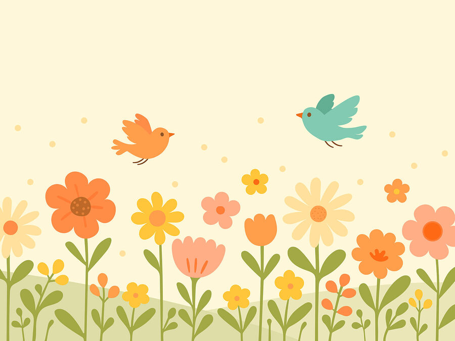 Vogels vliegen over bloemen