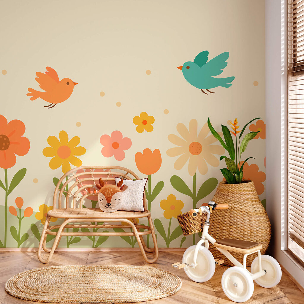 Vogels vliegen over bloemen