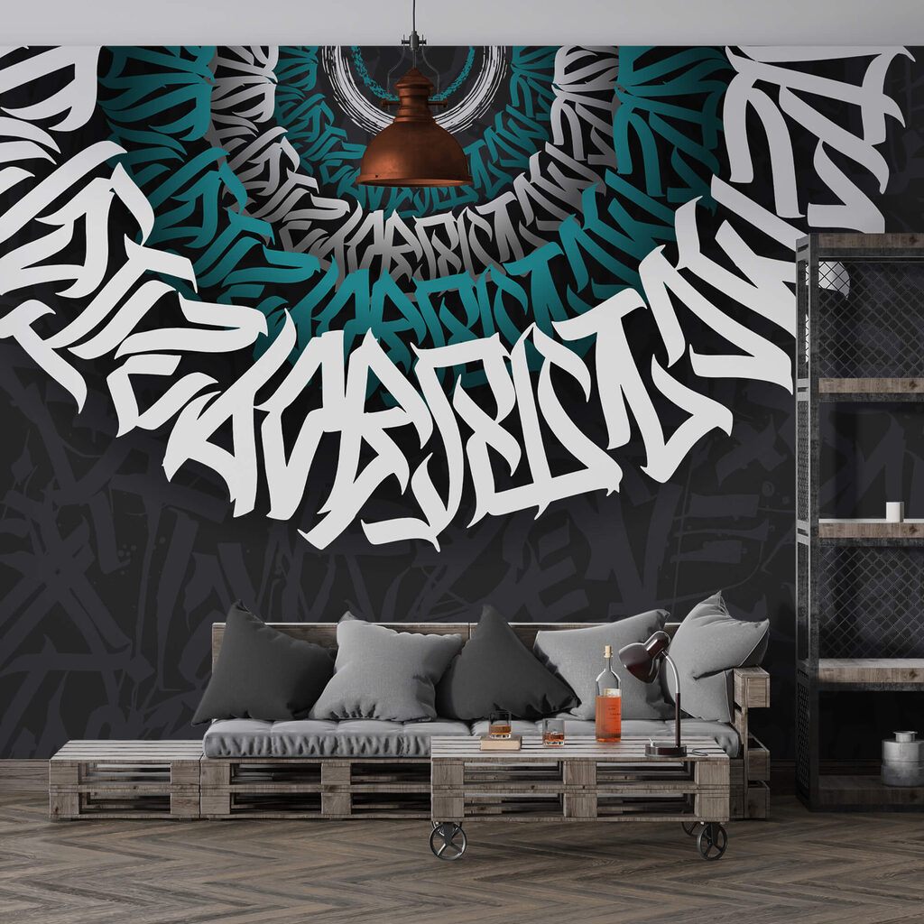 Witte en blauwe graffiti op zwarte achtergrond Witte en blauwe graffiti op zwarte achtergrond