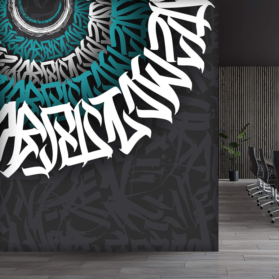Witte en blauwe graffiti op zwarte achtergrond