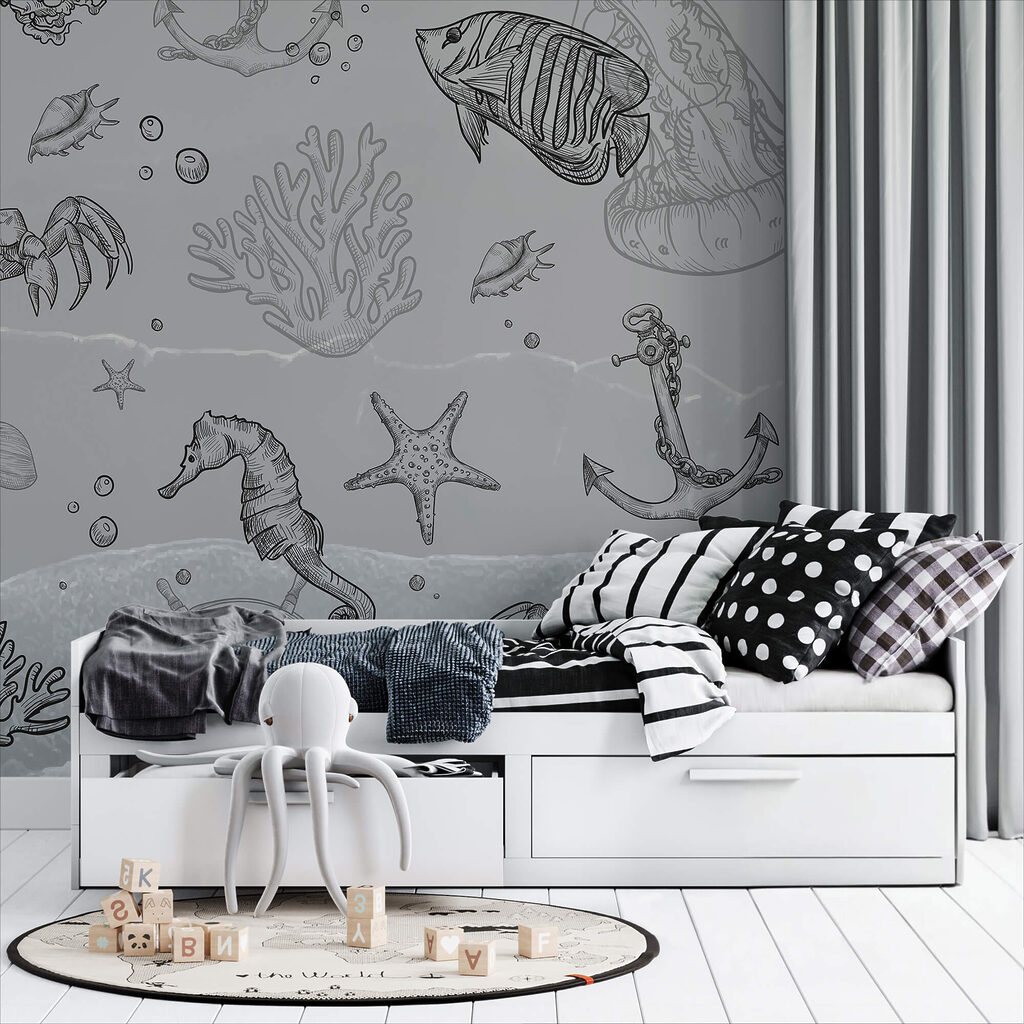 Grijze achtergrond met zeedieren Grijze achtergrond met zeedieren