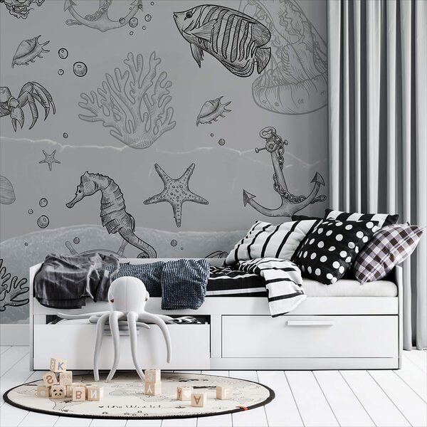 Grijze achtergrond met zeedieren Grijze achtergrond met zeedieren