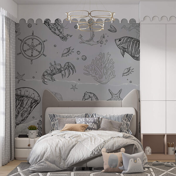 Grijze achtergrond met zeedieren Grijze achtergrond met zeedieren