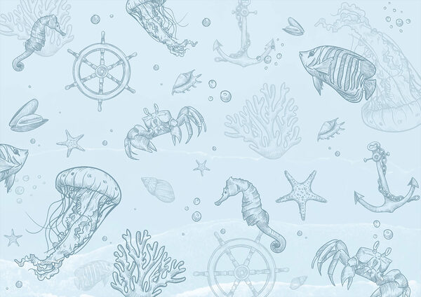 Blauwe achtergrond met zeedieren Blauwe achtergrond met zeedieren