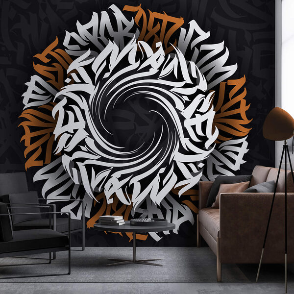 Rond patroon met witte en oranje letters Rond patroon met witte en oranje letters