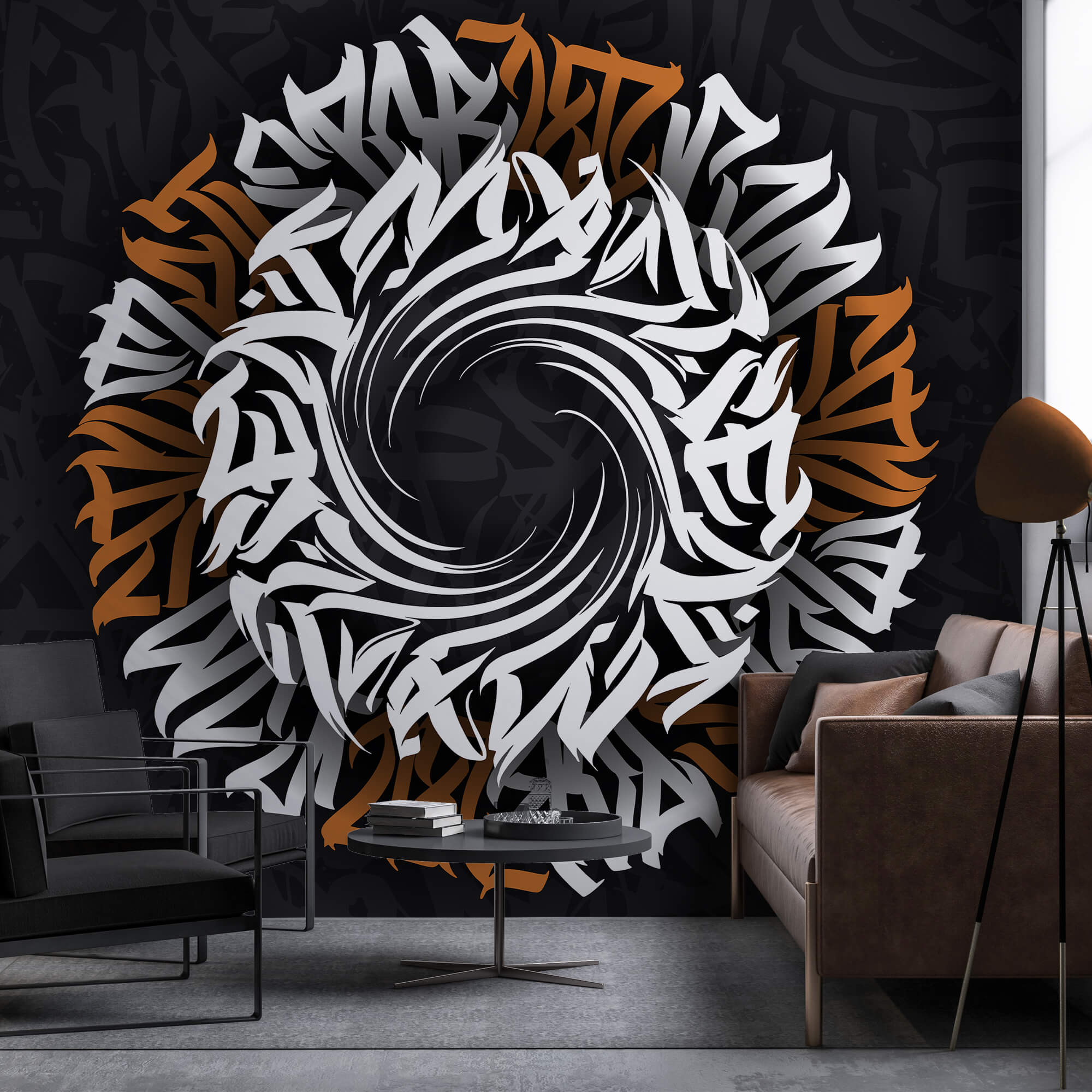 Rond patroon met witte en oranje letters Rond patroon met witte en oranje letters
