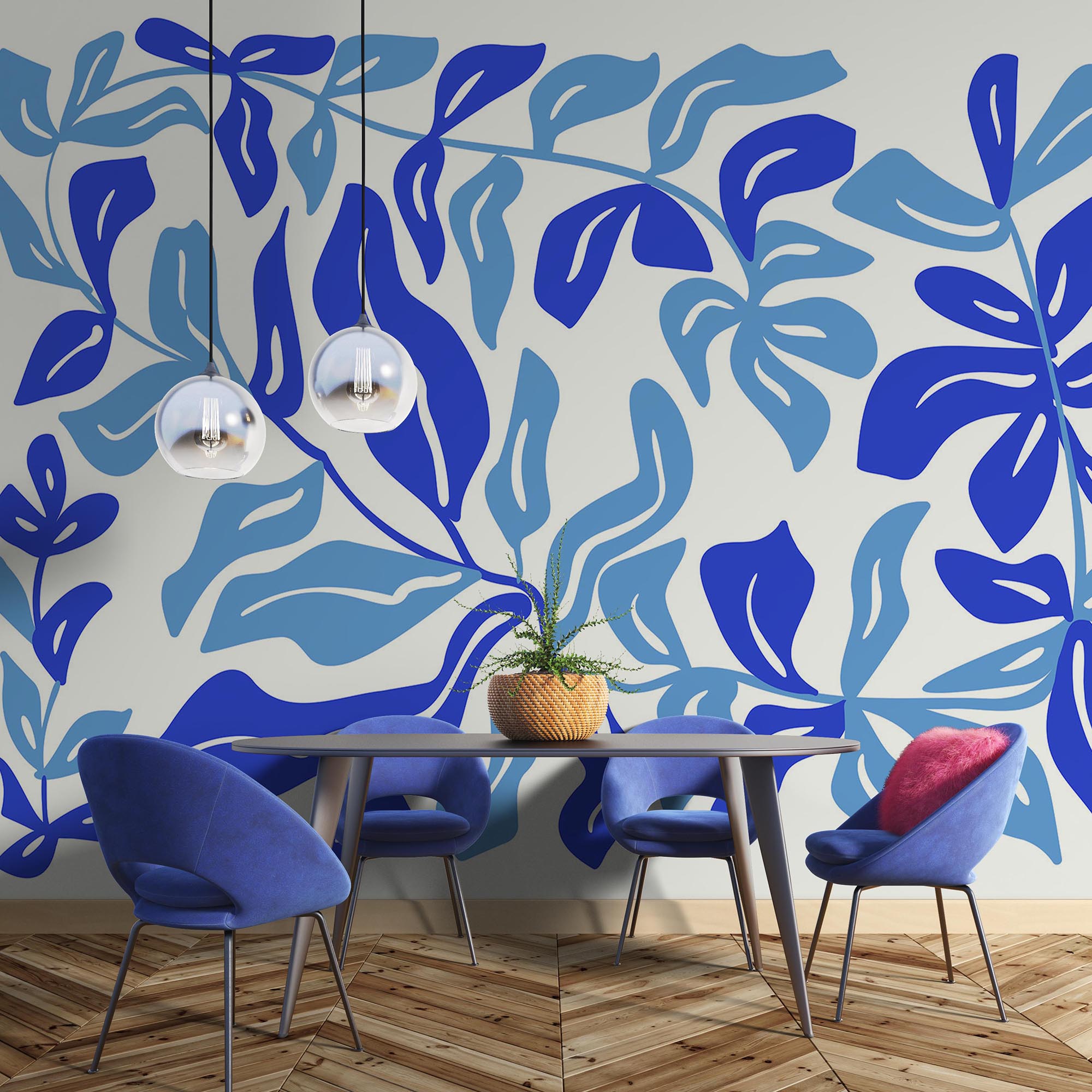 Blauw-witte tekening van bladeren