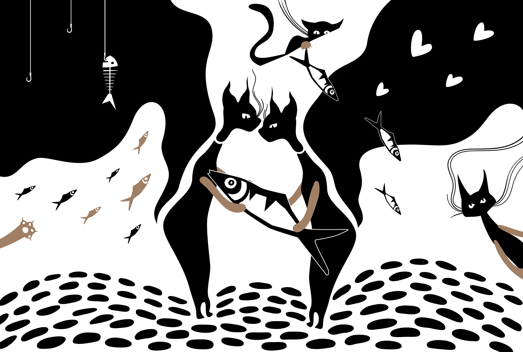 Black and white cat with fish and fish Black and white cat with fish and fish