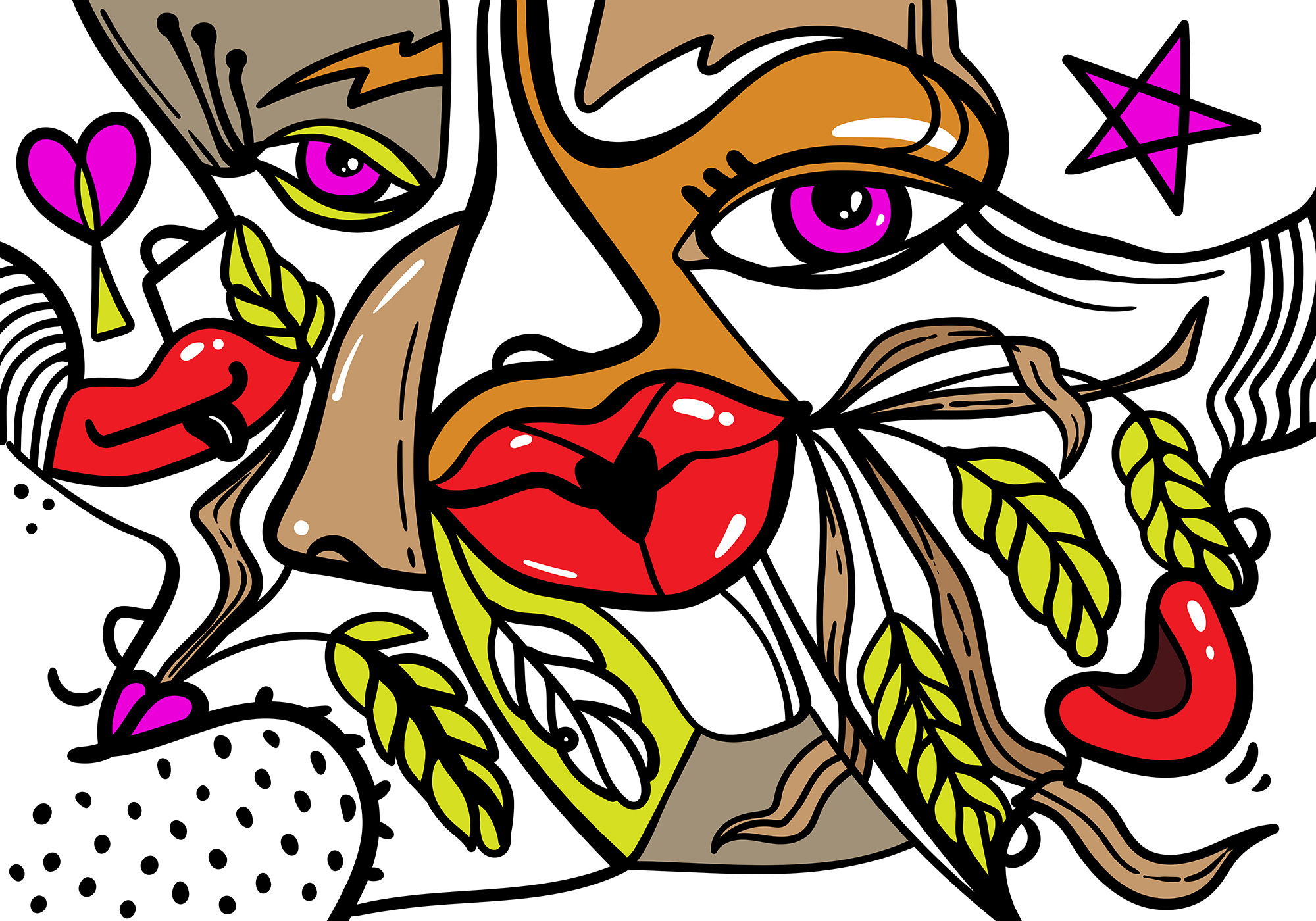 - Vibrant face with bold patterns - Vibrant face with bold patterns