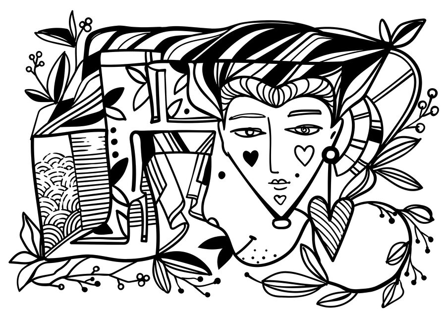 Zwart-wit tekening van een persoon’s gezicht