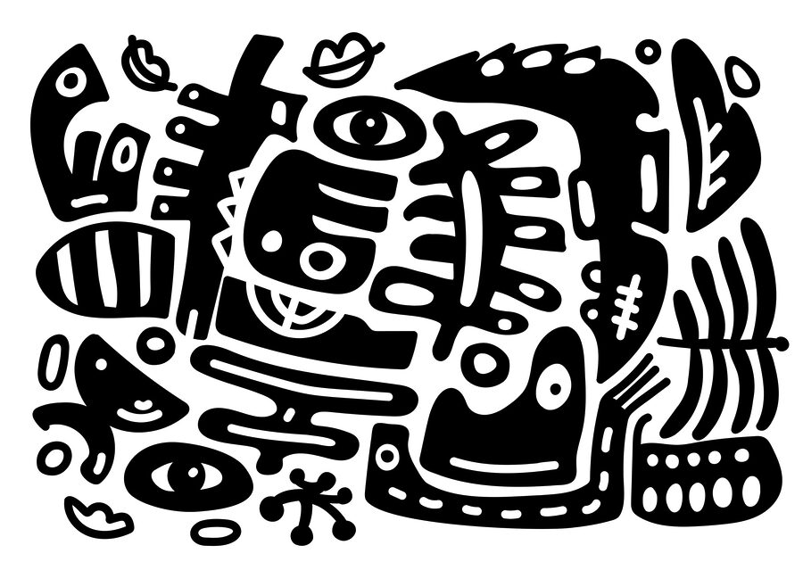 Zwart-wit tekening van verschillende vormen