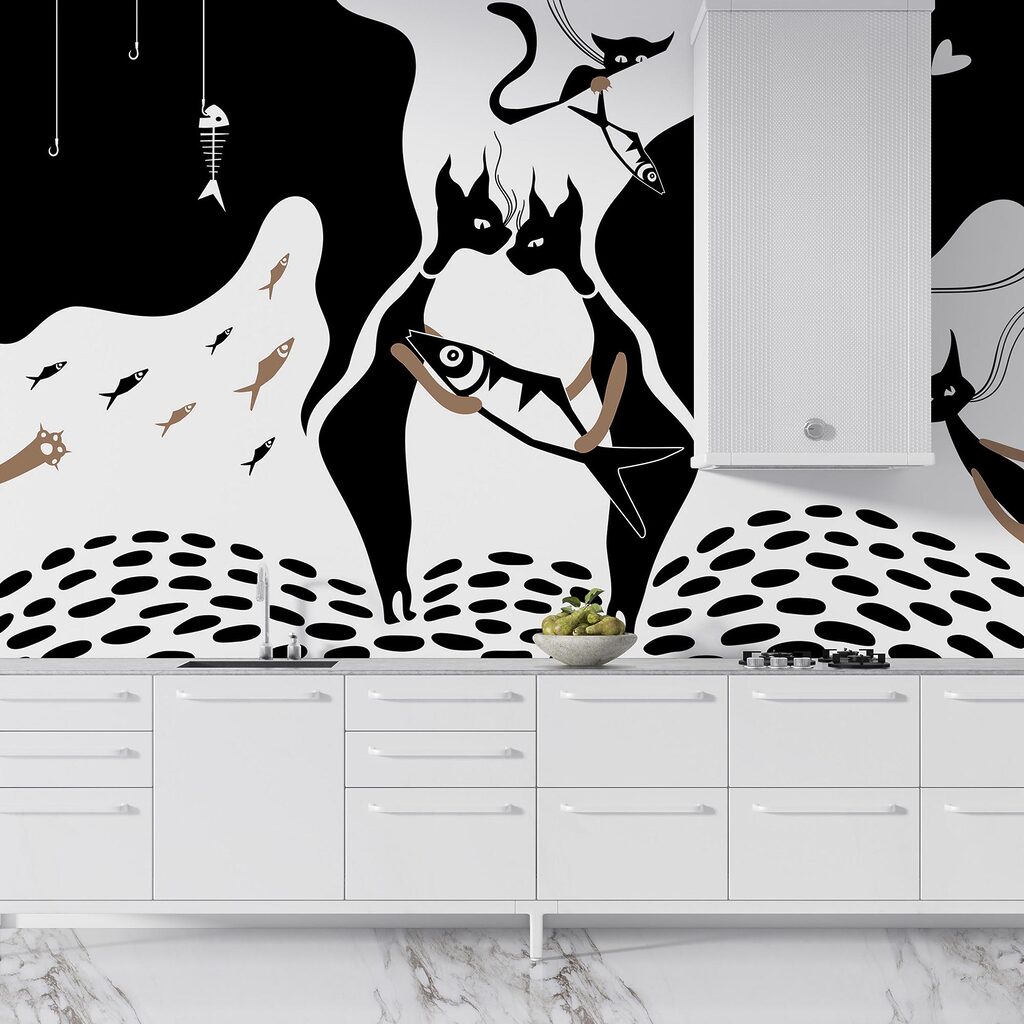 Zwart-witte kat met vis en vis Zwart-witte kat met vis en vis