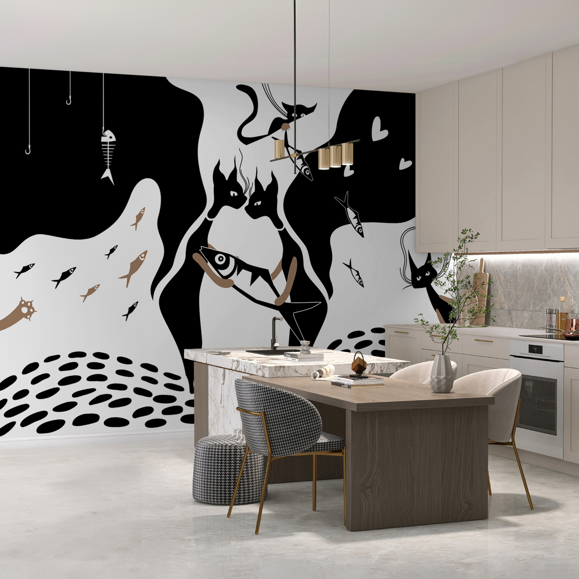 Zwart-witte kat met vis en vis Zwart-witte kat met vis en vis