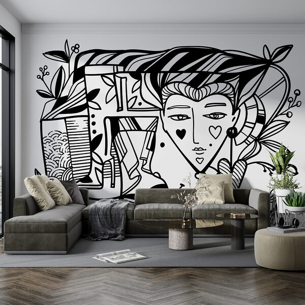 Zwart-wit tekening van een persoon’s gezicht Zwart-wit tekening van een persoon’s gezicht