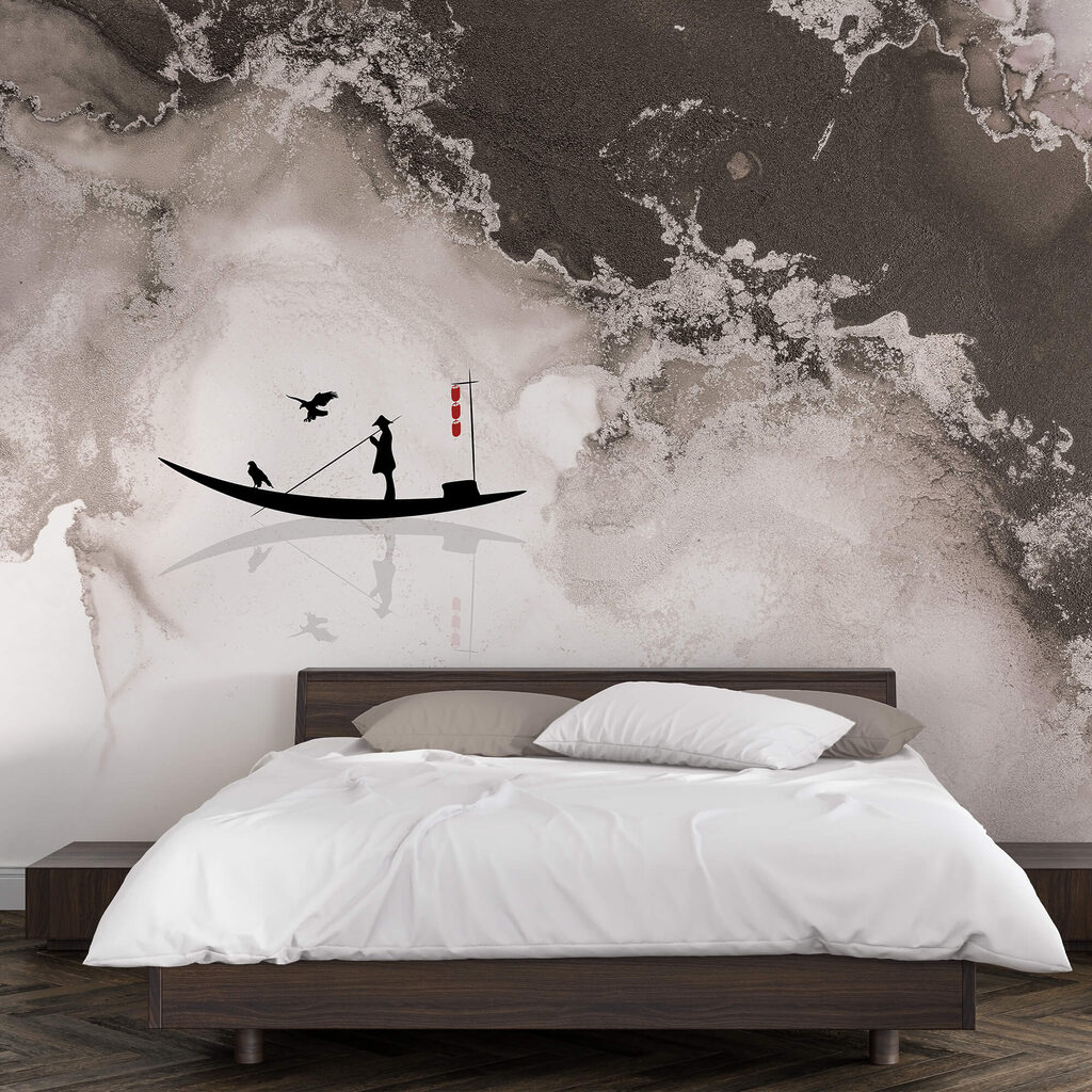 Silhouet van een man op een boot met een vogel erop Silhouet van een man op een boot met een vogel erop