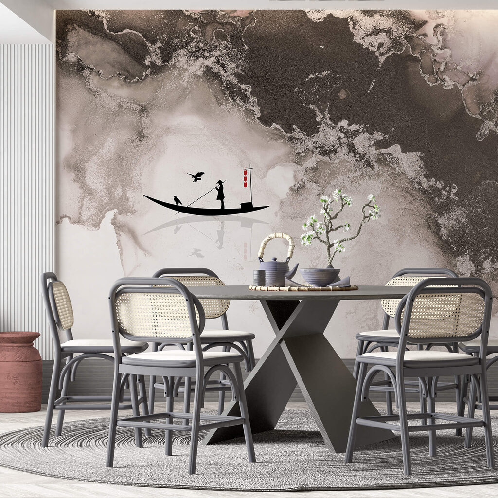 Silhouet van een man op een boot met een vogel erop Silhouet van een man op een boot met een vogel erop