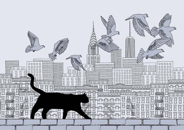 Kat loopt op een muur met vliegende vogels in de lucht Kat loopt op een muur met vliegende vogels in de lucht