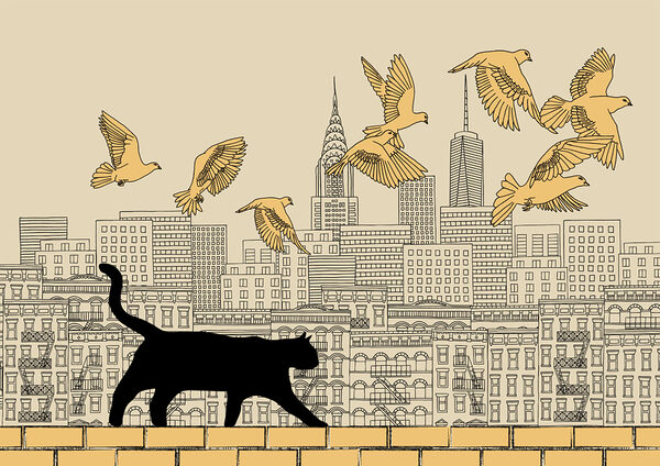 Kat loopt op een muur met vliegende vogels in de lucht Kat loopt op een muur met vliegende vogels in de lucht